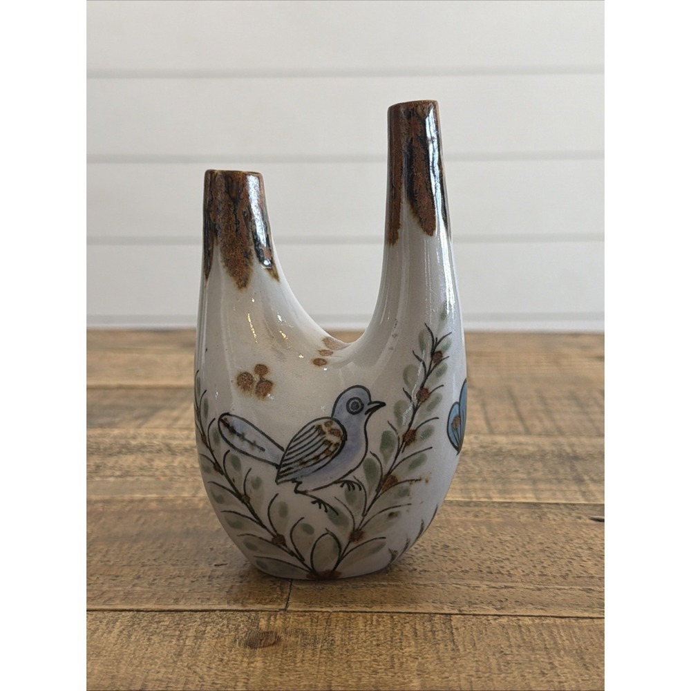Vintage Tonala Mexico Double Spout Ceramic Vase 5 ¾" Folk Art Pottery Unsigned